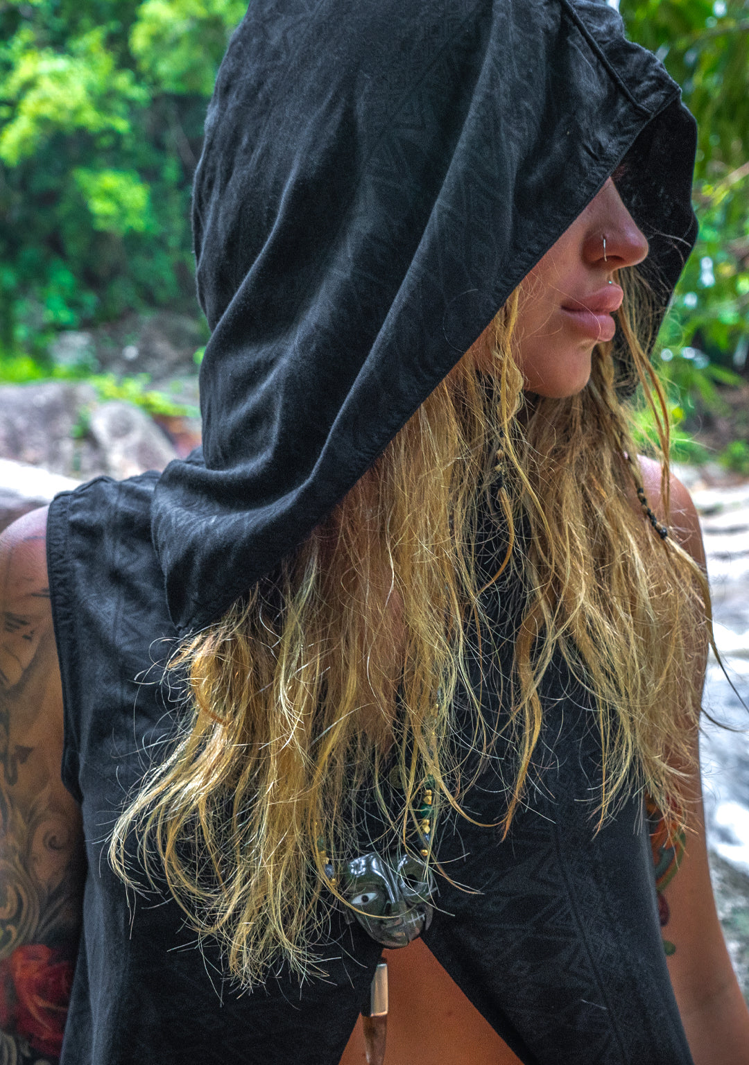 Hooded Long Dress / Bamboo - BLACK BOHONI Screeenprint